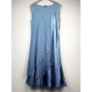 Komarov Beaded Satin Ombre Blue Mermaid Handkerchief Asymmetrical Dress Size XL